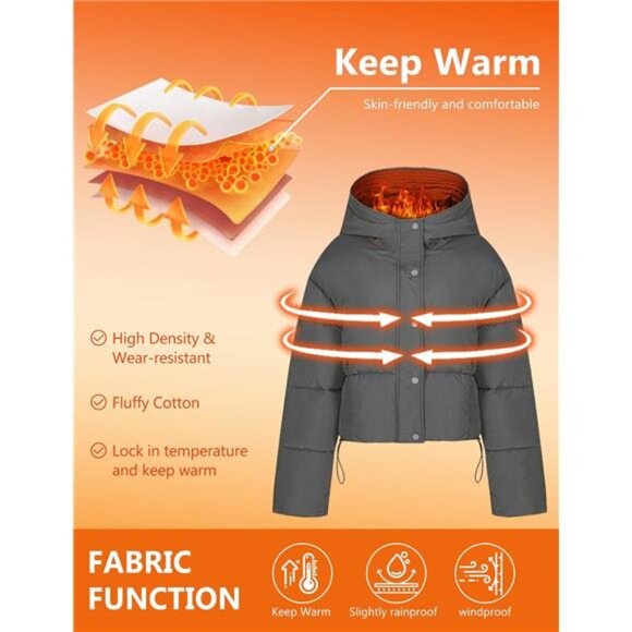 Womens Cropped Puffer Jacket Hooded Zip Up Grey - Picture 2 of 6